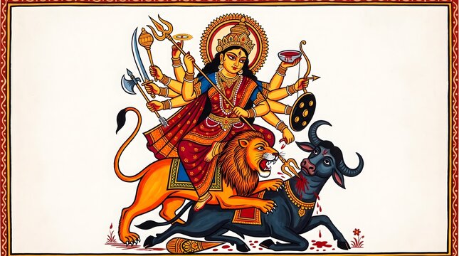 A vibrant depiction of goddess durga riding a lion symbolizing power strength and the triumph of good over evil during durga puja