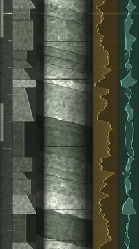 Geological drill core scrolling upward beside grain size and gamma ray wireline logs with lithology column in vibrant chalk tones vertical 9:16