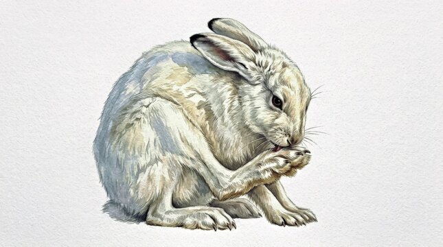 Arctic Hare Grooming Its Winter Coat, Detailed Watercolor Wildlife Illustration Isolated on White Background