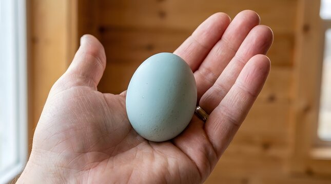 A hand holding a fresh organic duck egg with blue shell texture against a warm rustic wood background