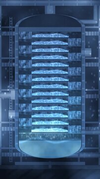 Distillation column cutaway with sieve trays, bubbling froth layers and downcomer liquid cascade, seamless loop in vibrant cryo tones vertical 9:16