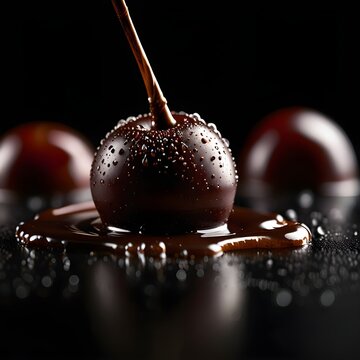 Macro shot of a fresh dark cherry dipped in glossy flowing chocolate with flying sea salt crystals on a dark moody background.
