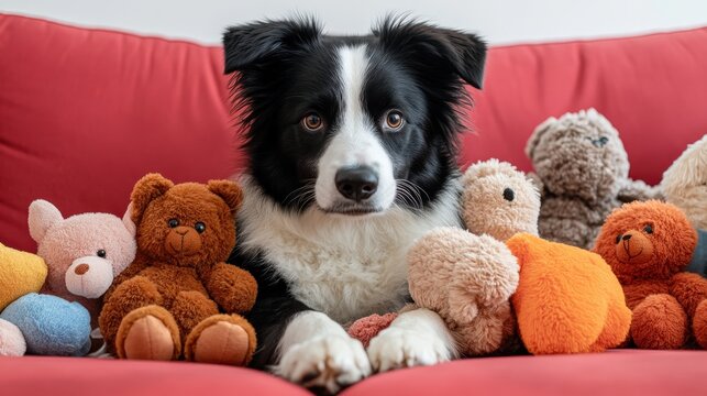 Black and white dog surrounded by plush toys on a couch.