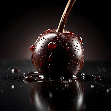 Macro shot of a fresh dark cherry dipped in glossy flowing chocolate with flying sea salt crystals on a dark moody background.