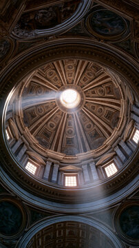Renaissance cathedral dome interior looking up at detailed frescoes and coffered