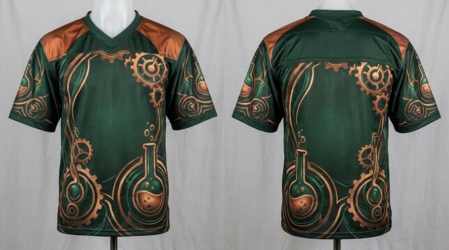 Steampunk T-shirt design with gears and potion bottles.
