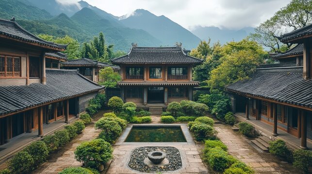 Ancient Chinese courtyard with a central pond.