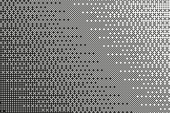 Pixel bitmap texture with 8-bit halftone effects. Abstract black and white pixelated dither pattern. Retro dotted noise geometric print, dark to light perforated transition. Vector illustration.