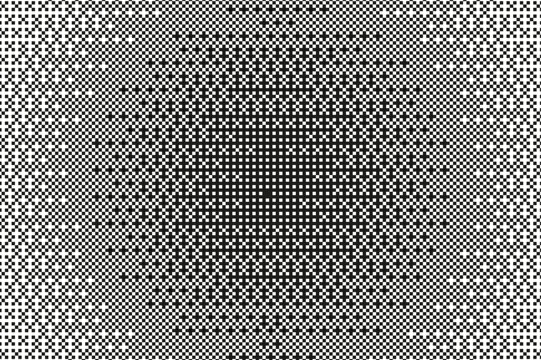 Pixel bitmap texture with 8-bit halftone effects. Abstract black and white pixelated dither pattern. Retro dotted noise geometric print with dark circle shape and transition. Vector illustration.