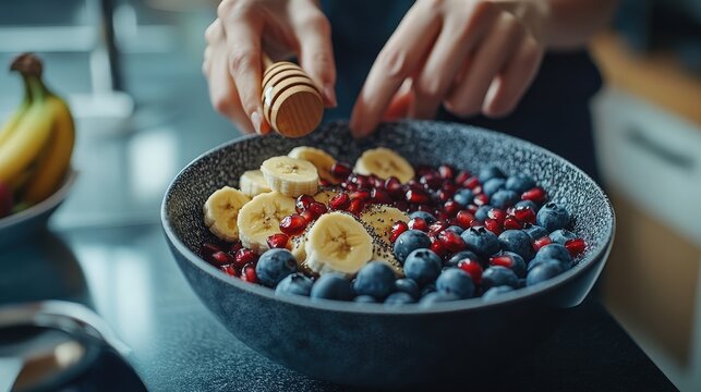 Hand sprinkling honey on a fruit salad.