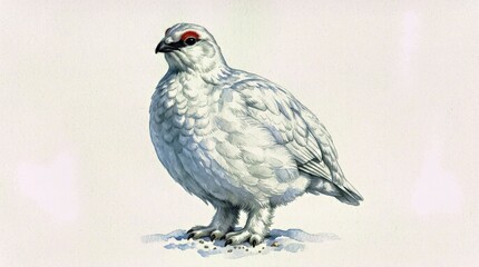 Fototapeta premium Rock Ptarmigan Standing Upright in Watercolor Style on White Background