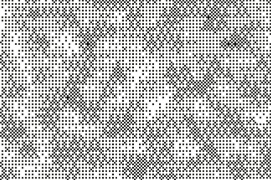 Pixel bitmap texture with 8-bit halftone effects. Abstract black and white pixelated dither pattern. Retro dotted noise geometric print with dynamic faded and distressed tone. Vector illustration.