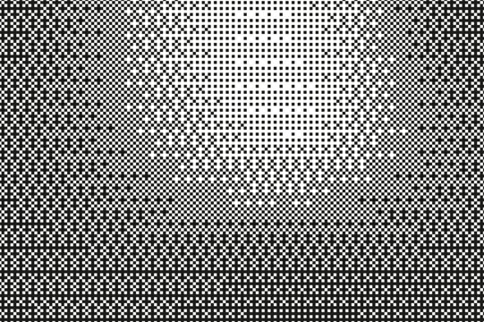 Pixel bitmap texture with 8-bit halftone effects. Abstract black and white pixelated dither pattern. Retro dotted noise geometric print with rough circle stain and gradations. Vector illustration.