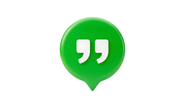 3D rendered green speech bubble icon featuring bold white quotation marks centered in the frame, with a glossy surface texture and a pointed bottom tip, isolated entirely on a clean white background