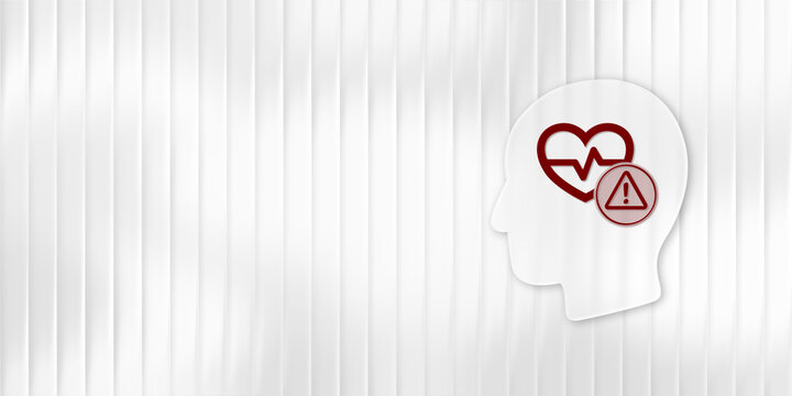 Mental health warning symbol inside a white human head with heartbeat and exclamation mark, offering copy space for text. This medical design represents psychological distress and cardiac risk