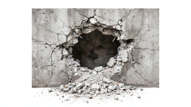 Large ragged breakthrough hole in cracked concrete cement wall with rubble and broken debris fallen in front isolated on white background representing demolition and success breakthrough