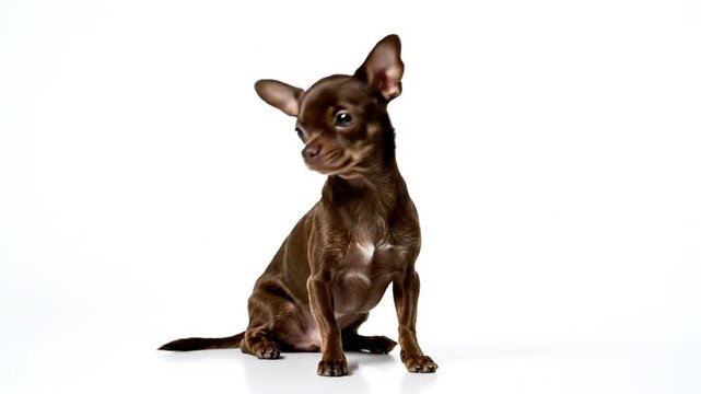 Cute brown chihuahua dog sitting and looking around against a clean white backdrop, studio portrait