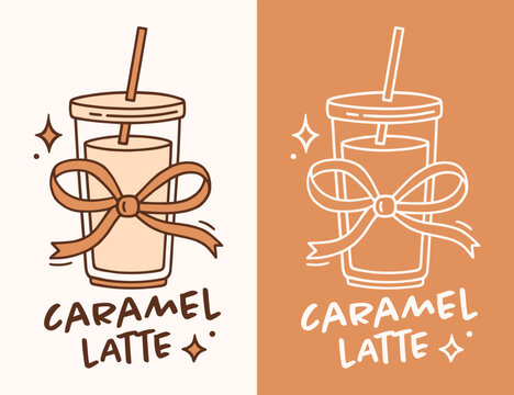 Caramel iced latte coffee cup outline drawing for syrup salted sauce flavor label tag sticker logo packaging design print. Cold brew to go drink with bow line art cute aesthetic doodle cafe poster.