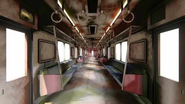 廃墟化した恐怖の電車内、錆びた車両の3DCGホラーアニメーション