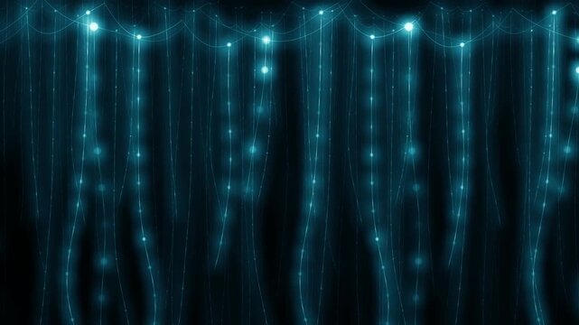 Glowworm silk threads hanging from a cave ceiling with beaded lights swaying in parallax layers overlay in soft cave tones
