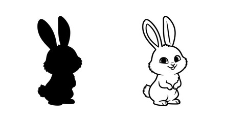 Fototapeta premium Cute Bunny Silhouette and Outline Vector Art, Adorable Rabbit Character Design, Black and White Animal Icon 