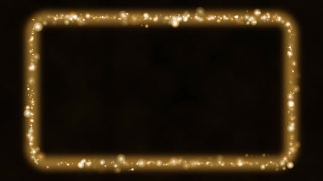Light particles gathering into a frame border then dispersing again on black background, overlay element in bright gold tones