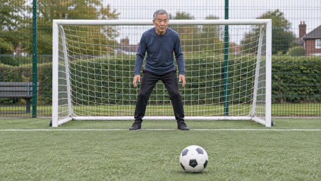 An East Asian man holds a balanced goalkeeper stance in a small walking football goal while watching a stationary ball on the turf of a quiet community pitch