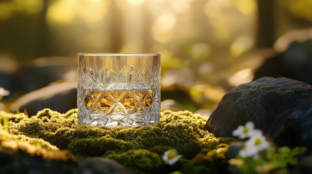A glass of water on a moss-covered rock in nature.