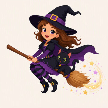 Cute little witch girl flying on a magic broomstick with a black cat and sparkling stars vector illustration for Halloween.