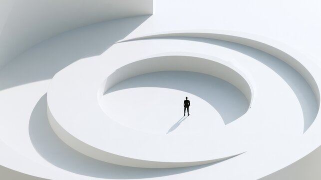 Isolated Figure in White Labyrinth: A lone individual stands at the center of a stark, white, spiraling architectural structure, evoking a sense of contemplation and existential quest.