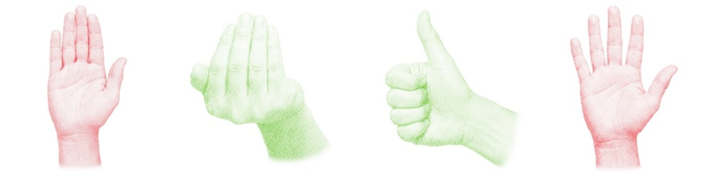 Halftone stipple dotted grunge transparent hands in retro punky style