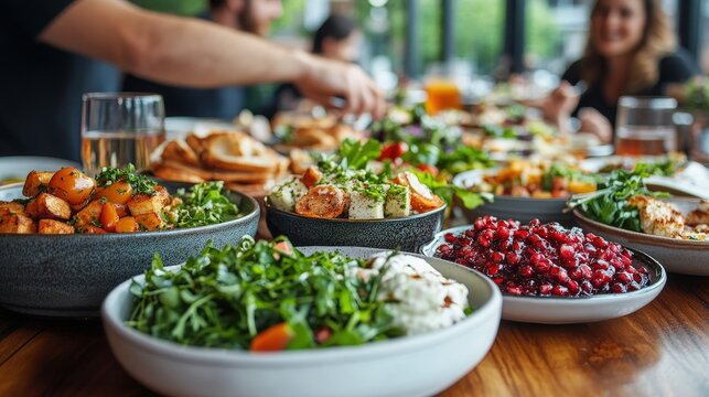 A spread of healthy dishes on a table with people dining.