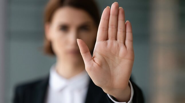 Woman in suit showing hand palm gesture of stop and refusal as a professional barrier of assertive boundary work