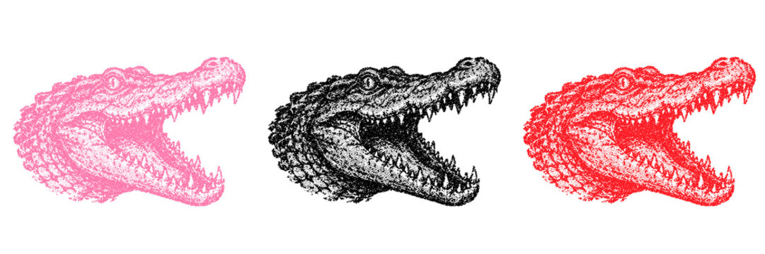 Halftone stipple dotted retro grunge alligator heads in pink and red on transparent background