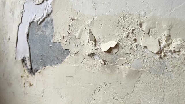Close up of flaking paint and exposed plaster on water damaged wall