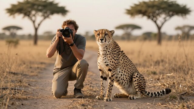 A wildlife photographer kneels beside a calm cheetah on a dusty savannah path, framed by acacia trees under golden sunset light.