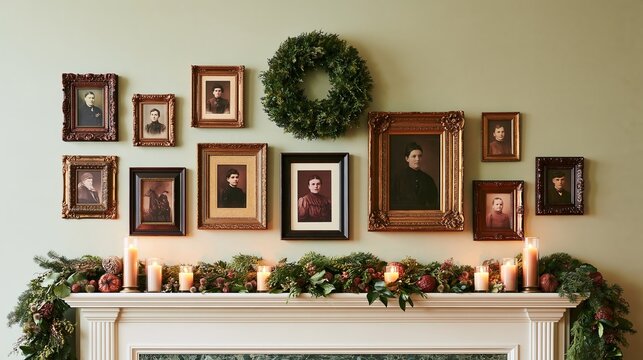 Vintage style framed photographs arranged around a holiday wreath above a candlelit greenery garland on a classic mantel, decorative gallery wall