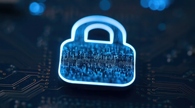 Cyber security padlock icon on a digital circuit board for data encryption protection and network privacy security