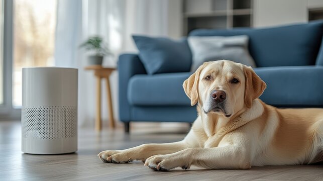 A calm yellow Labrador lying on a wooden floor.