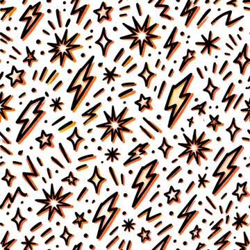 Neon Orange Lightning Star Doodle Pattern