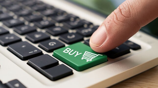 Online shopping concept with a finger pressing a green buy button on a laptop keyboard for digital ecommerce sale