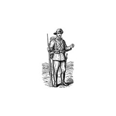 Fototapeta premium Classic Army Man Engraving Illustration, drawn in an engraved, woodcut style with fine details sketch engraving vector illustration. Scratch board imitation. Black and white image. flat vector