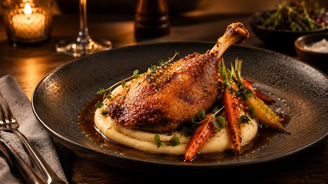 Roasted duck leg confit with creamy potato pur&eacute;e, glazed baby carrots and fresh herbs on dark plate, candlelit fine dining dinner