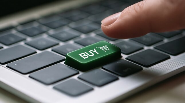 Buy green button on computer keyboard to purchase online shopping ecommerce retail items with a finger click press