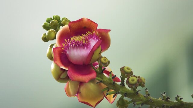 Buddhist temple, tropical rainforests and cannonball tree (Couroupita guianensis) This Brazilian tree has been acclimatized in Vietnam. Cauliflory flowers