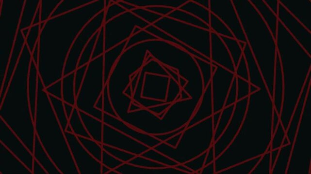 Glowing red geometric shapes rotate in a hypnotic dark tunnel
