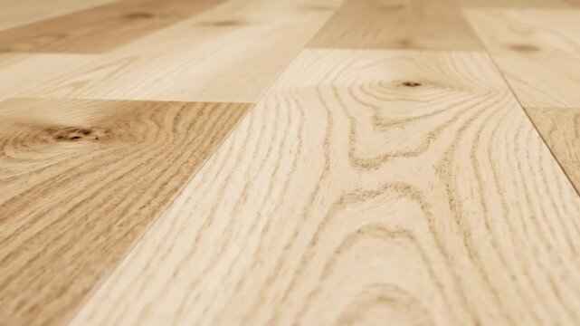 Low angle close-up of a light brown hardwood floor with warm tones and natural wood grain