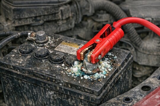 A car battery with a red jumper cable, ready for jump-starting