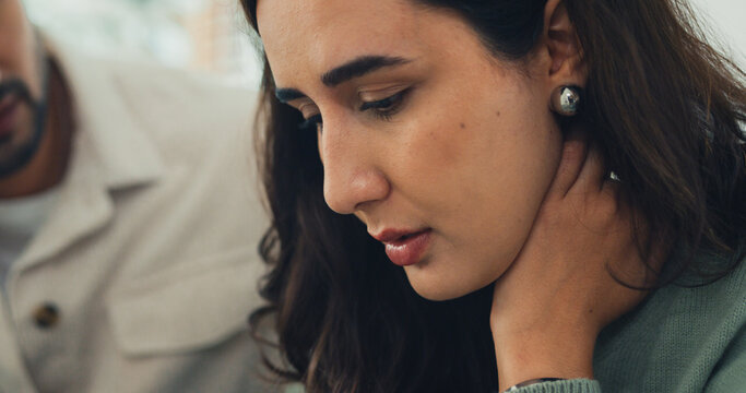 Close up young Hispanic husband comforting sad depressed wife on sofa in home living room. Mental health support, marriage couple conflict problem, grief emotion therapy, family trauma crisis concept.