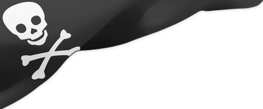 Waving pirate flag banner with skull and crossbones and copy space on white background